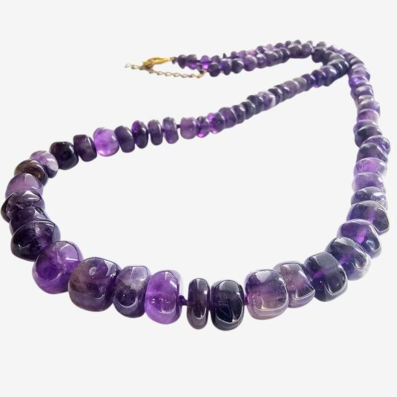 Natural Amethyst Bead Necklace Deep Purple Stone Graduated Nugget Statement - Picture 4 of 6